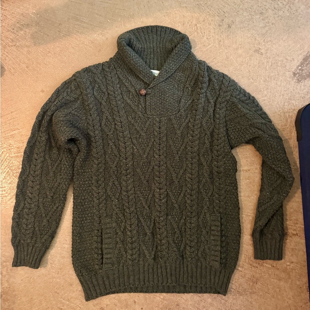 Men's Green Cable Knit Sweater 100% Irish Marino wool